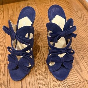 Women's Navy Bow Suede Heels